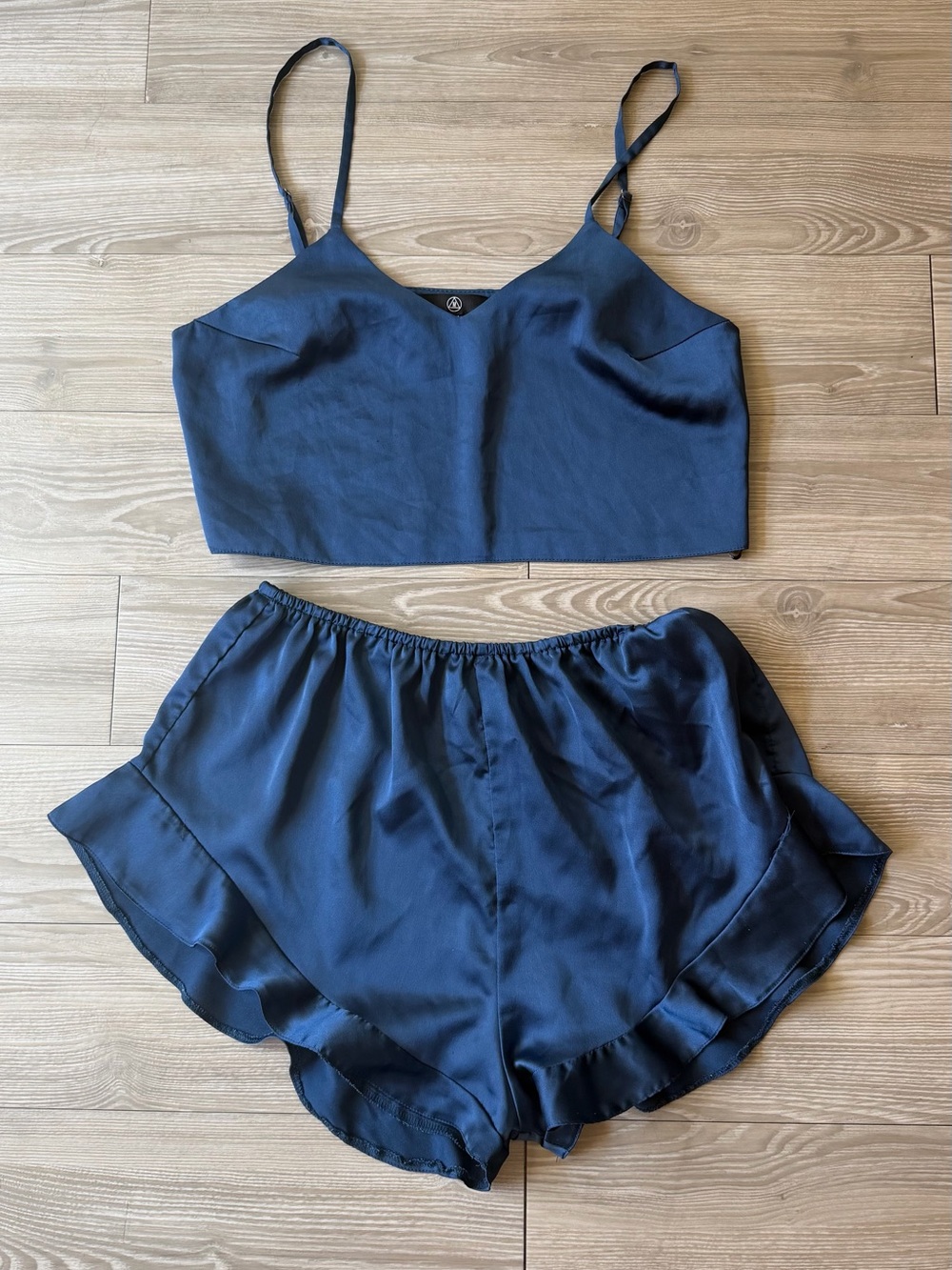Satin Two-Piece Cami & Ruffle Sleep Set in Navy